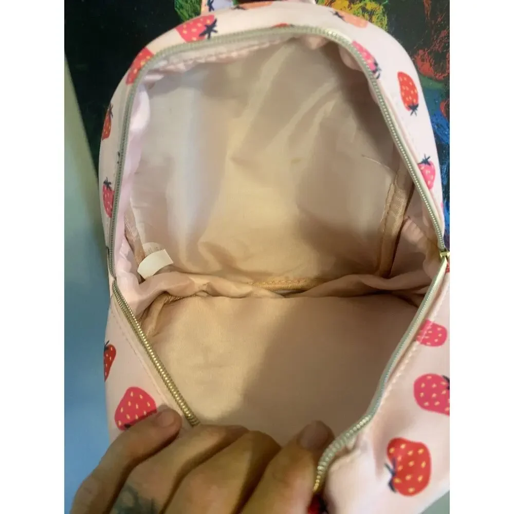 Mini Strawberry Print Backpack Purse Pink Faux Leather
